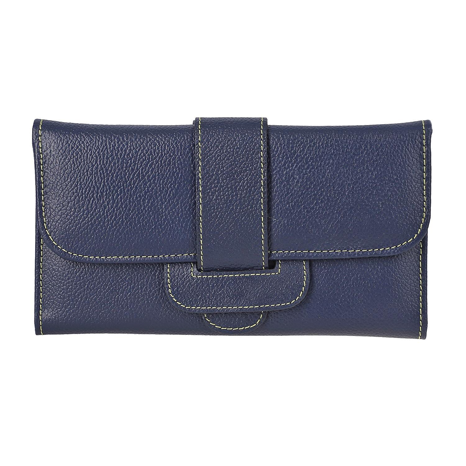 100% Genuine Leather RFID Protected Wallet (Size 18x11 Cm) - Navy Blue