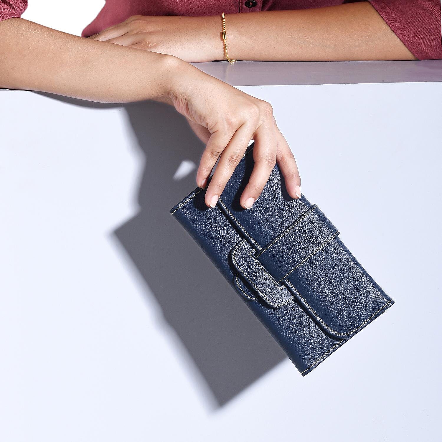 100% Genuine Leather RFID Protected Wallet (Size 18x11 Cm) - Navy Blue