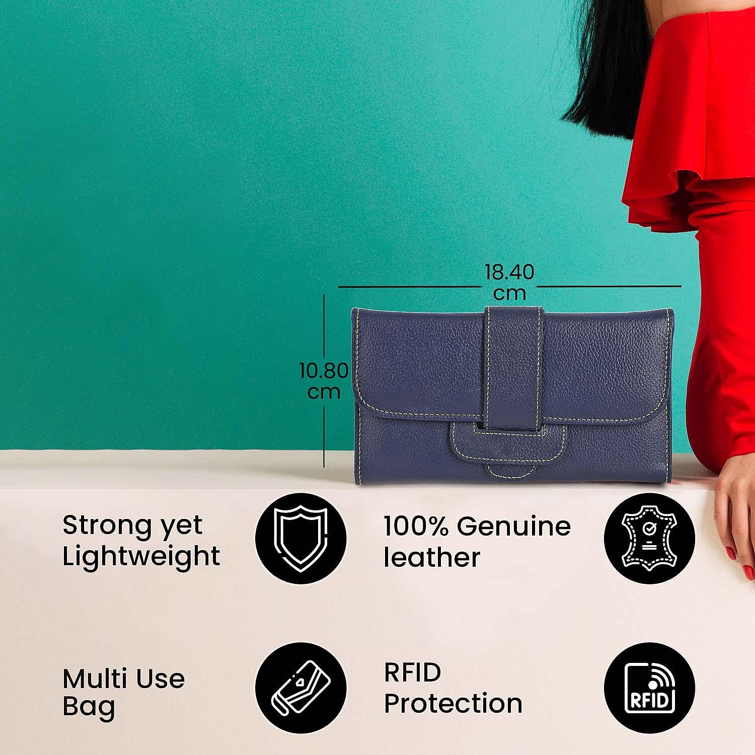 100% Genuine Leather RFID Protected Wallet (Size 18x11 Cm) - Navy Blue