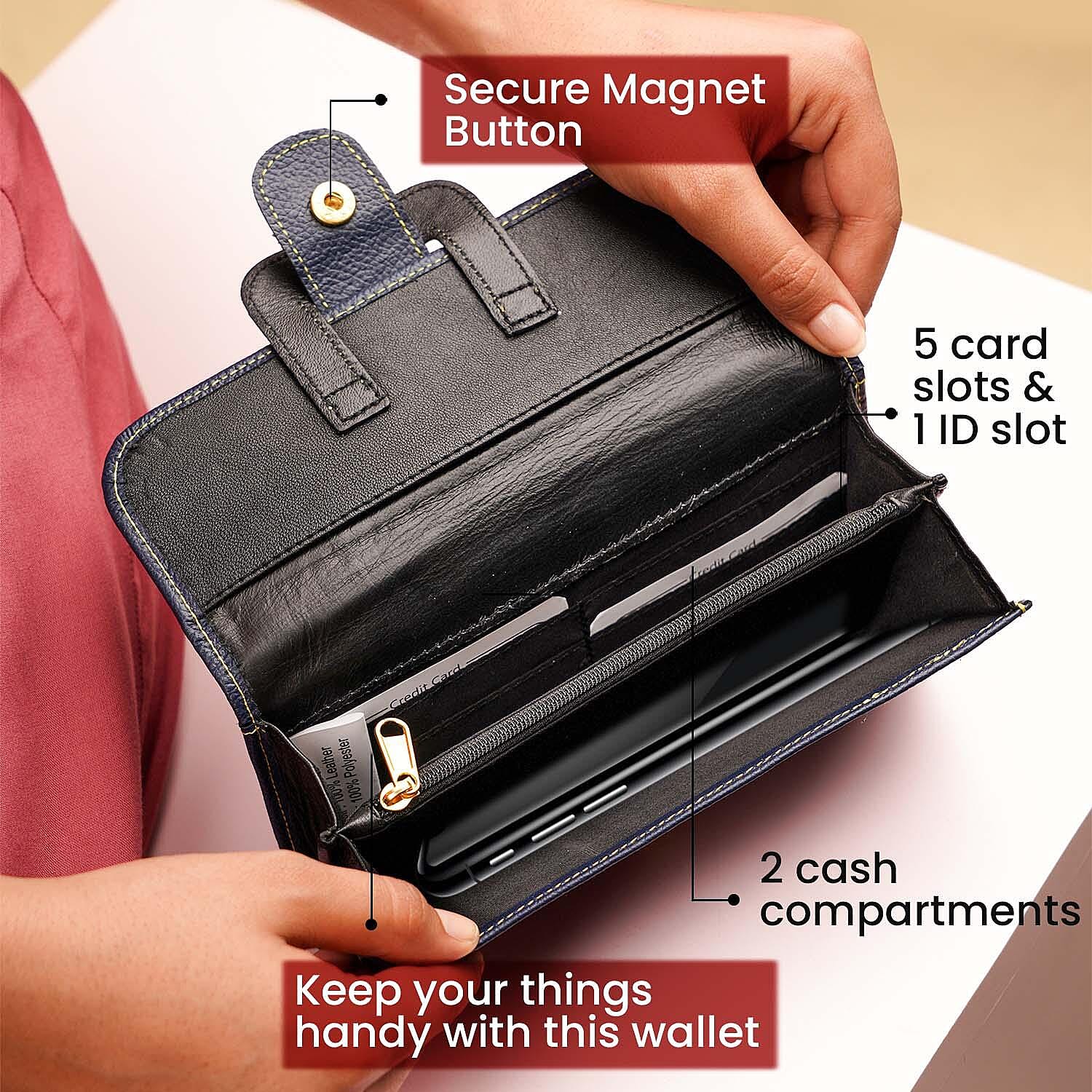 100% Genuine Leather RFID Protected Wallet (Size 18x11 Cm) - Navy Blue