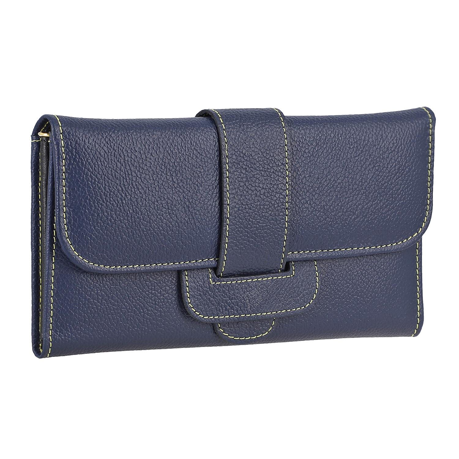 100% Genuine Leather RFID Protected Wallet (Size 18x11 Cm) - Navy Blue