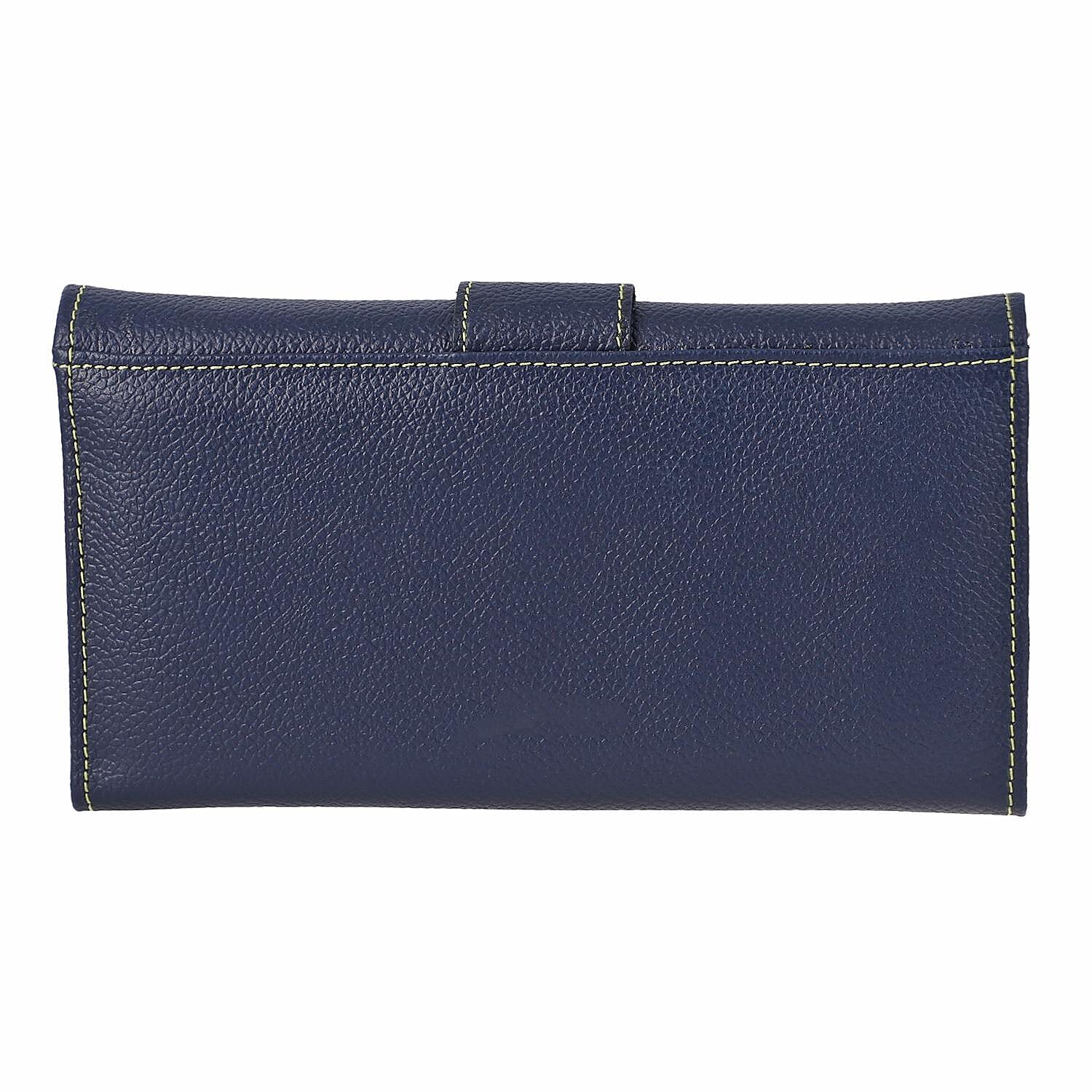 100% Genuine Leather RFID Protected Wallet (Size 18x11 Cm) - Navy Blue