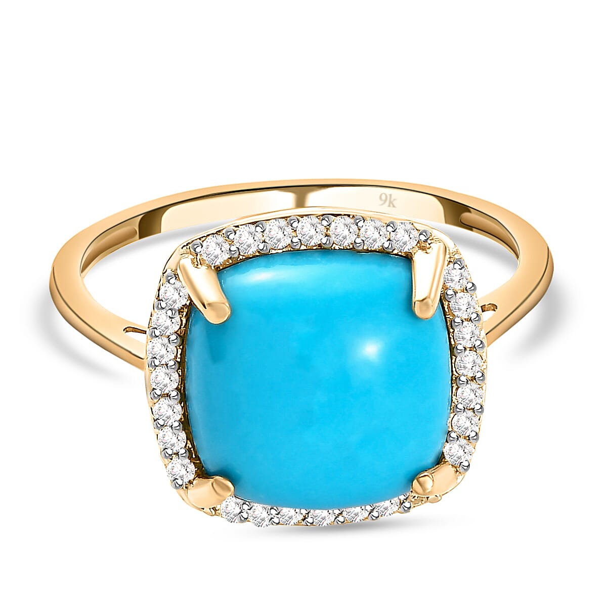 9K Yellow Gold Arizona Sleeping Beauty Turquoise and Diamond Ring 3.79 Ct.