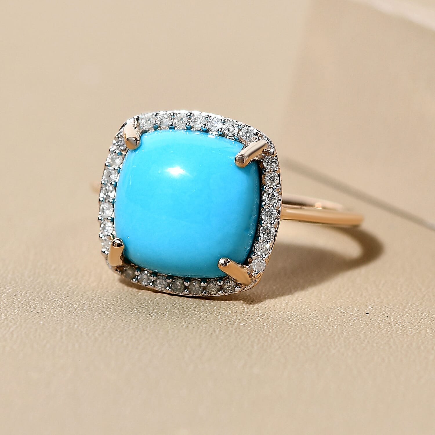 9K Yellow Gold Arizona Sleeping Beauty Turquoise and Diamond Ring 3.79 Ct.