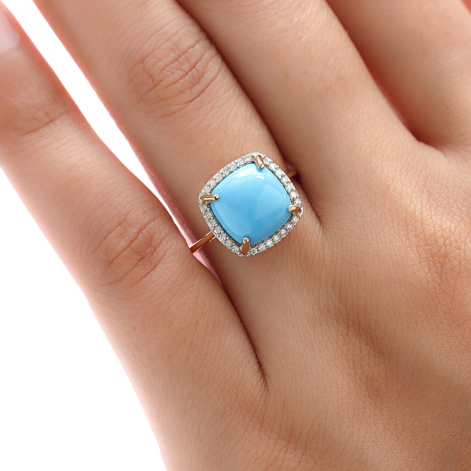 9K Yellow Gold Arizona Sleeping Beauty Turquoise and Diamond Ring 3.79 Ct.