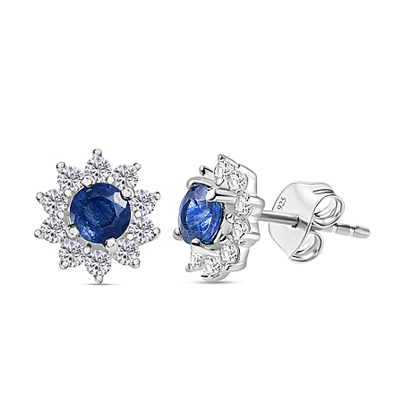 1.3 Ct. Blue Sapphire and  White Zircon Floral Stud Earrings in Sterling Silver