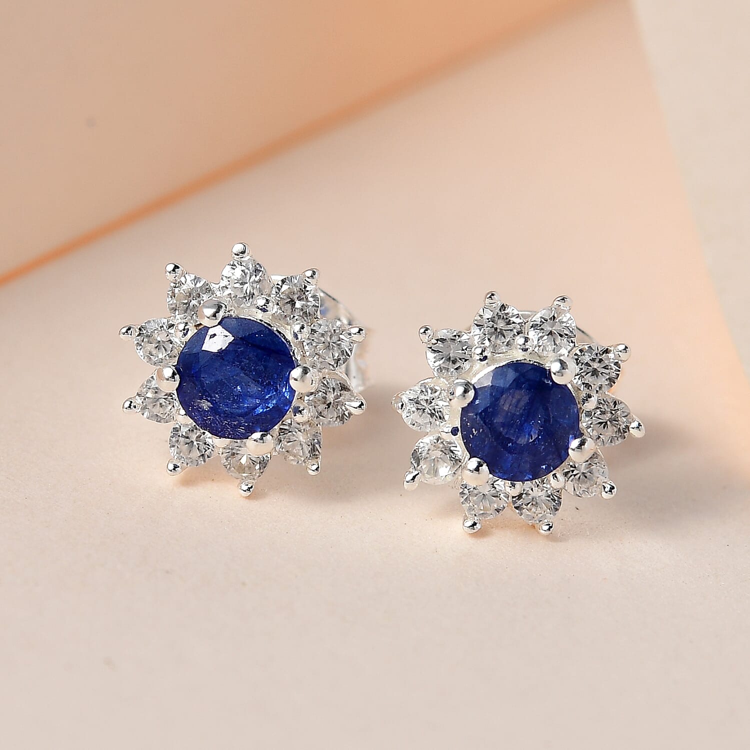 Masoala Sapphire (FF) and Natural Zircon Floral Stud Earrings in Sterling Silver 1.40 Ct.