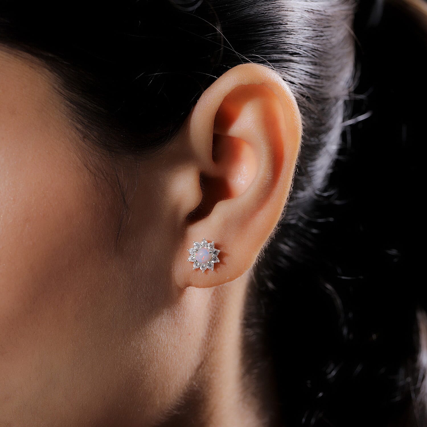 Ethiopian Welo Opal and Natural Cambodian Zircon Stud Earrings (with Push Back) in Sterling Silver