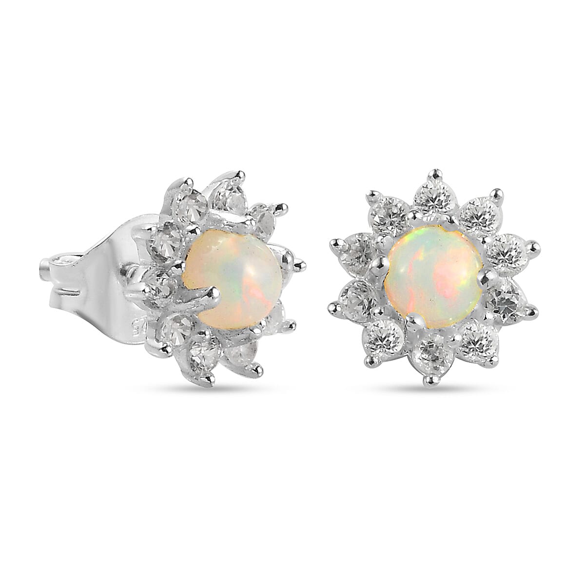 Ethiopian Welo Opal and Natural Cambodian Zircon Stud Earrings (with Push Back) in Sterling Silver