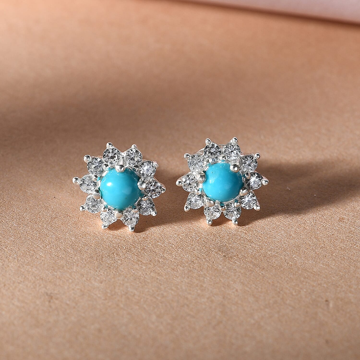 Arizona Sleeping Beauty Turquoise and Natural Zircon Stud Earrings  in Sterling Silver 1.08 Ct.