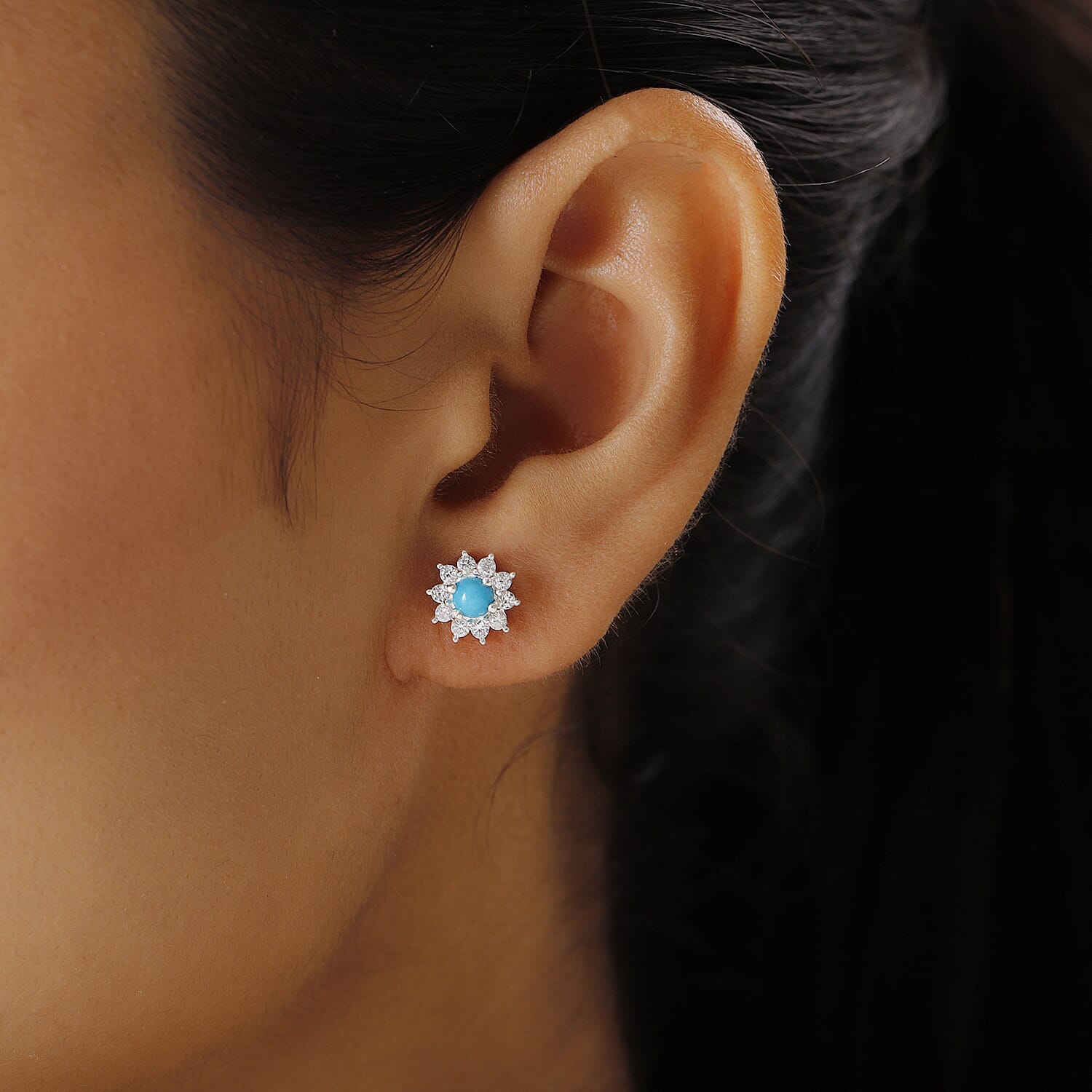 Arizona Sleeping Beauty Turquoise and Natural Zircon Stud Earrings  in Sterling Silver 1.08 Ct.