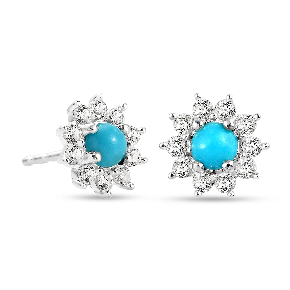 Arizona Sleeping Beauty Turquoise and Natural Zircon Stud Earrings  in Sterling Silver 1.08 Ct.