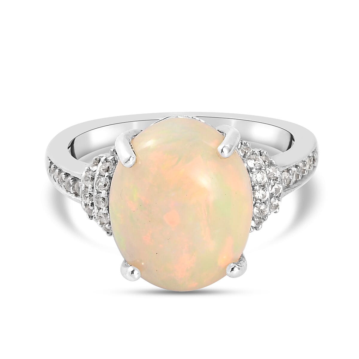 Extremely Rare Size Wegel Tena Opal and Natural Zircon Ring in Platinum Overlay Sterling Silver 3.48 Ct.
