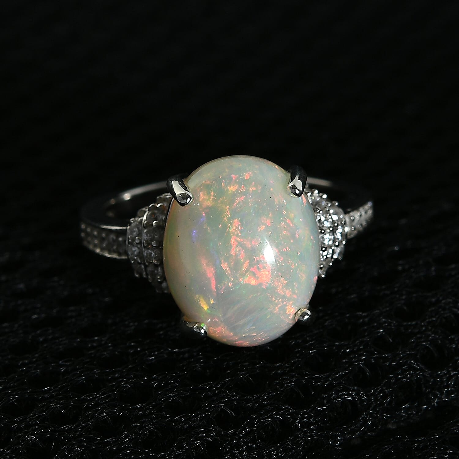 Extremely Rare Size Wegel Tena Opal and Natural Zircon Ring in Platinum Overlay Sterling Silver 3.48 Ct.