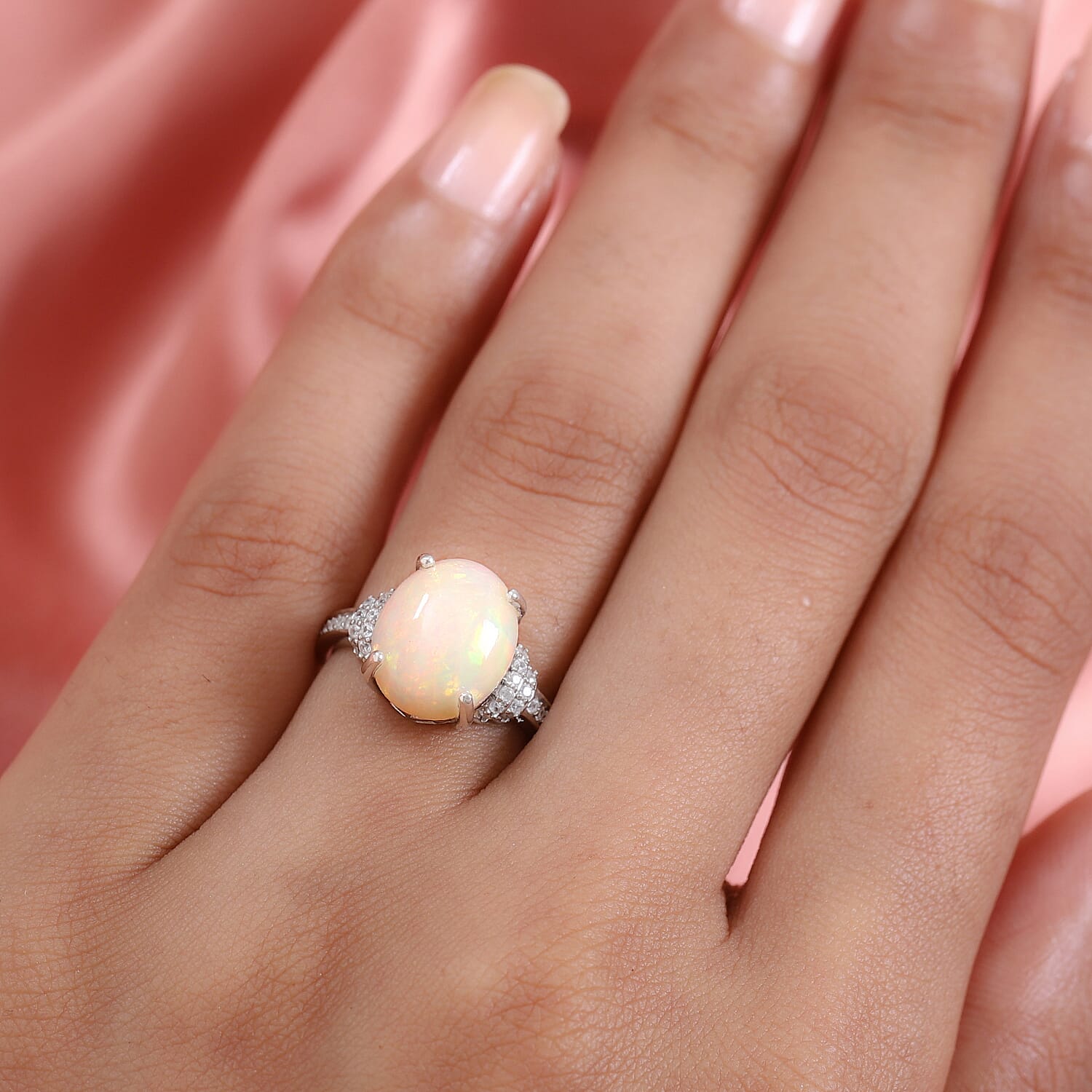 Extremely Rare Size Wegel Tena Opal and Natural Zircon Ring in Platinum Overlay Sterling Silver 3.48 Ct.