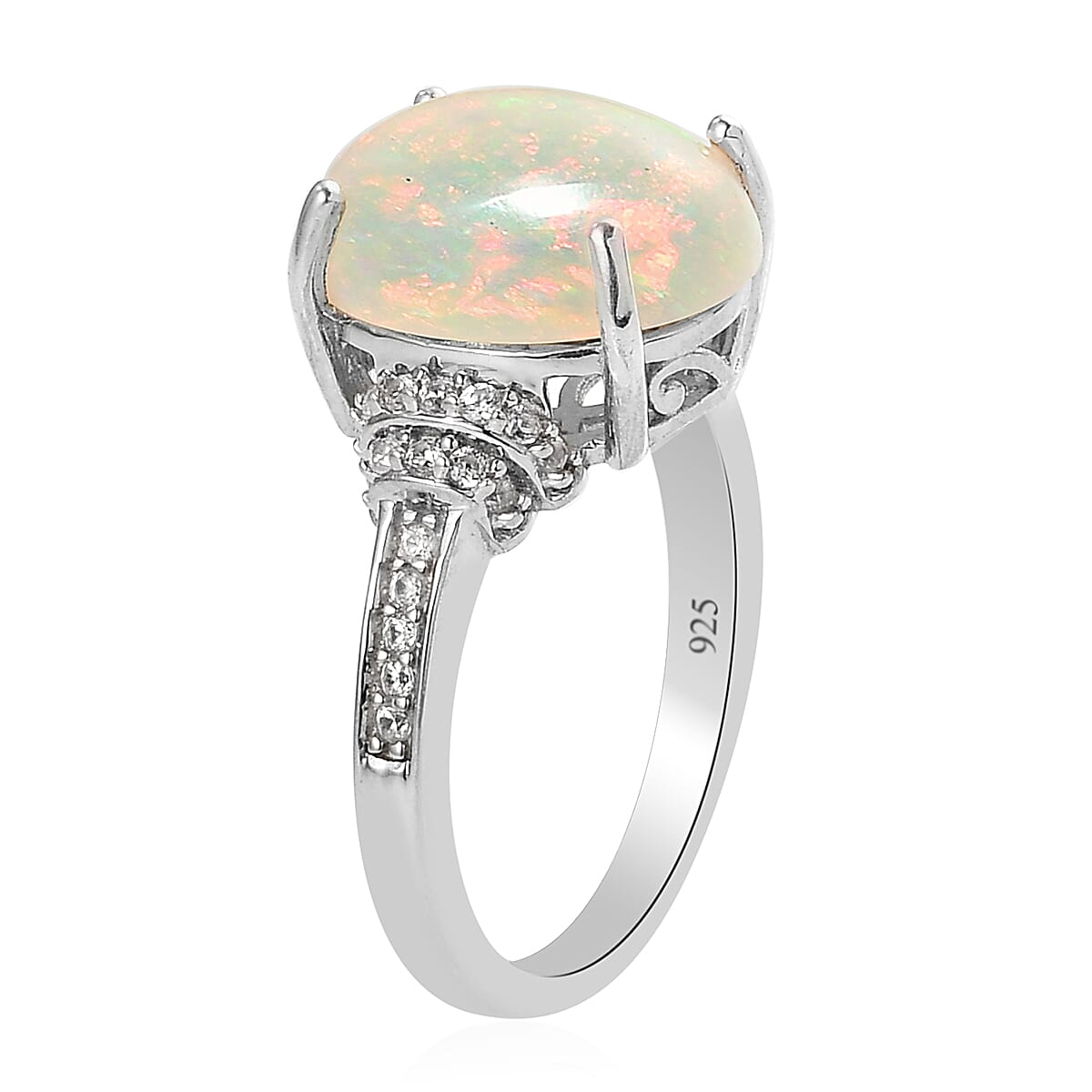 Extremely Rare Size Wegel Tena Opal and Natural Zircon Ring in Platinum Overlay Sterling Silver 3.48 Ct.