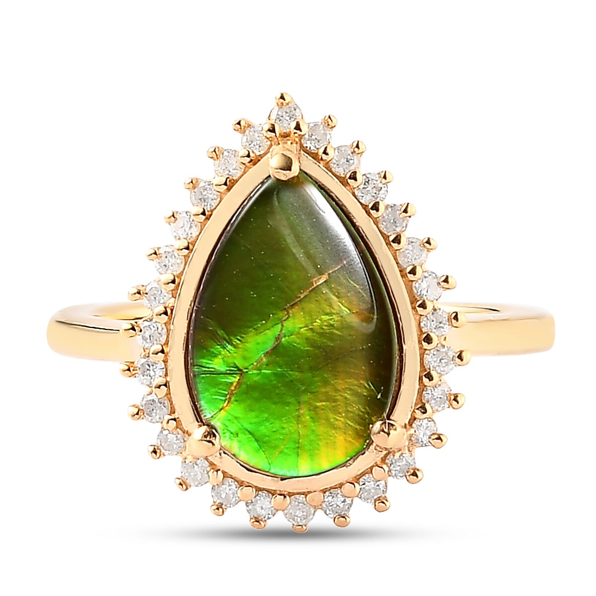 Canadian Ammolite (Pr 12x8mm) and Diamond Ring in 14K Gold Overlay Sterling Silver 2.48 Ct.