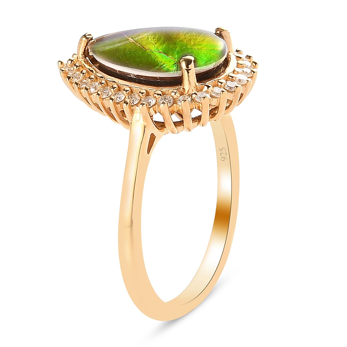 Canadian Ammolite (Pr 12x8mm) and Diamond Ring in 14K Gold Overlay Sterling Silver 2.48 Ct.
