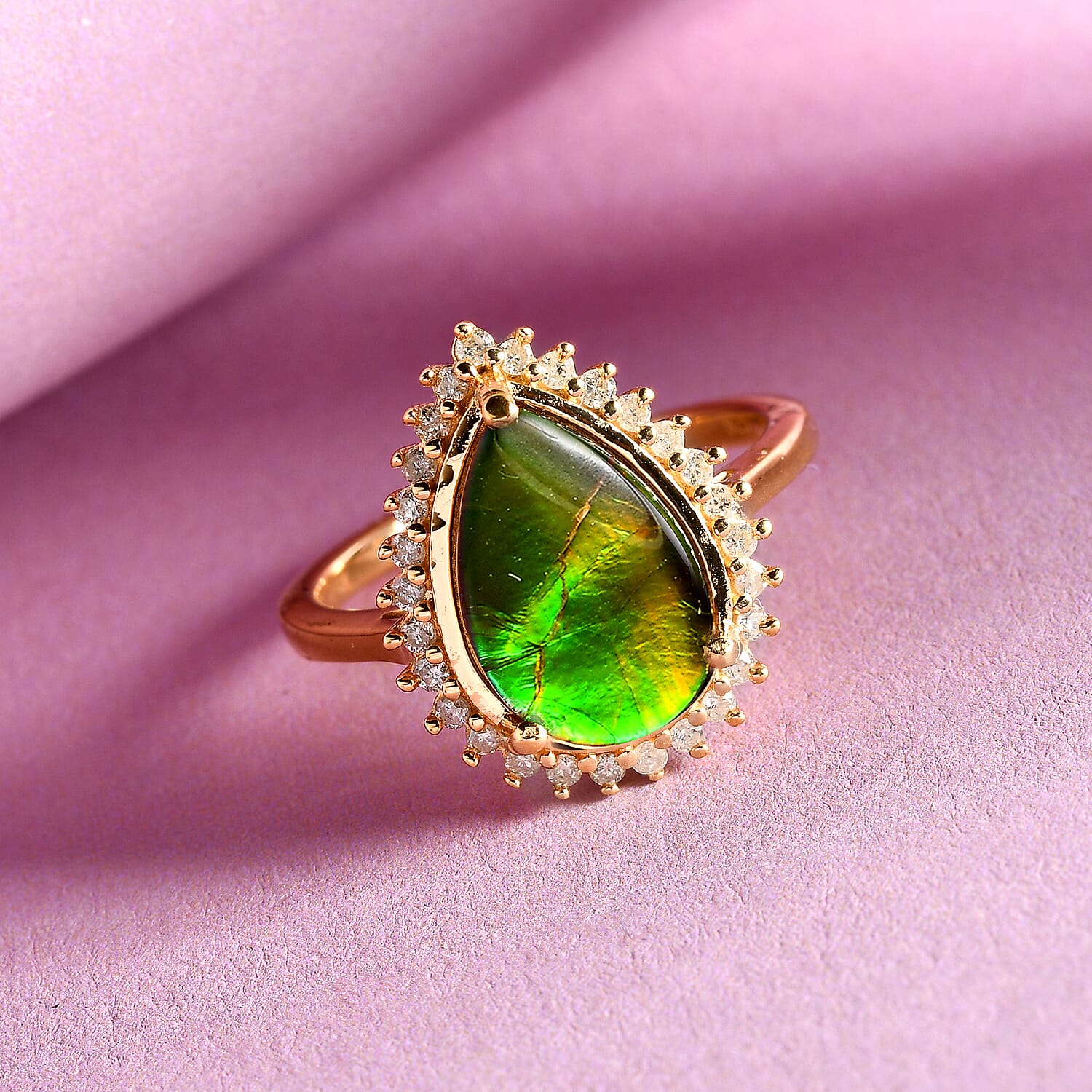 Canadian Ammolite (Pr 12x8mm) and Diamond Ring in 14K Gold Overlay Sterling Silver 2.48 Ct.