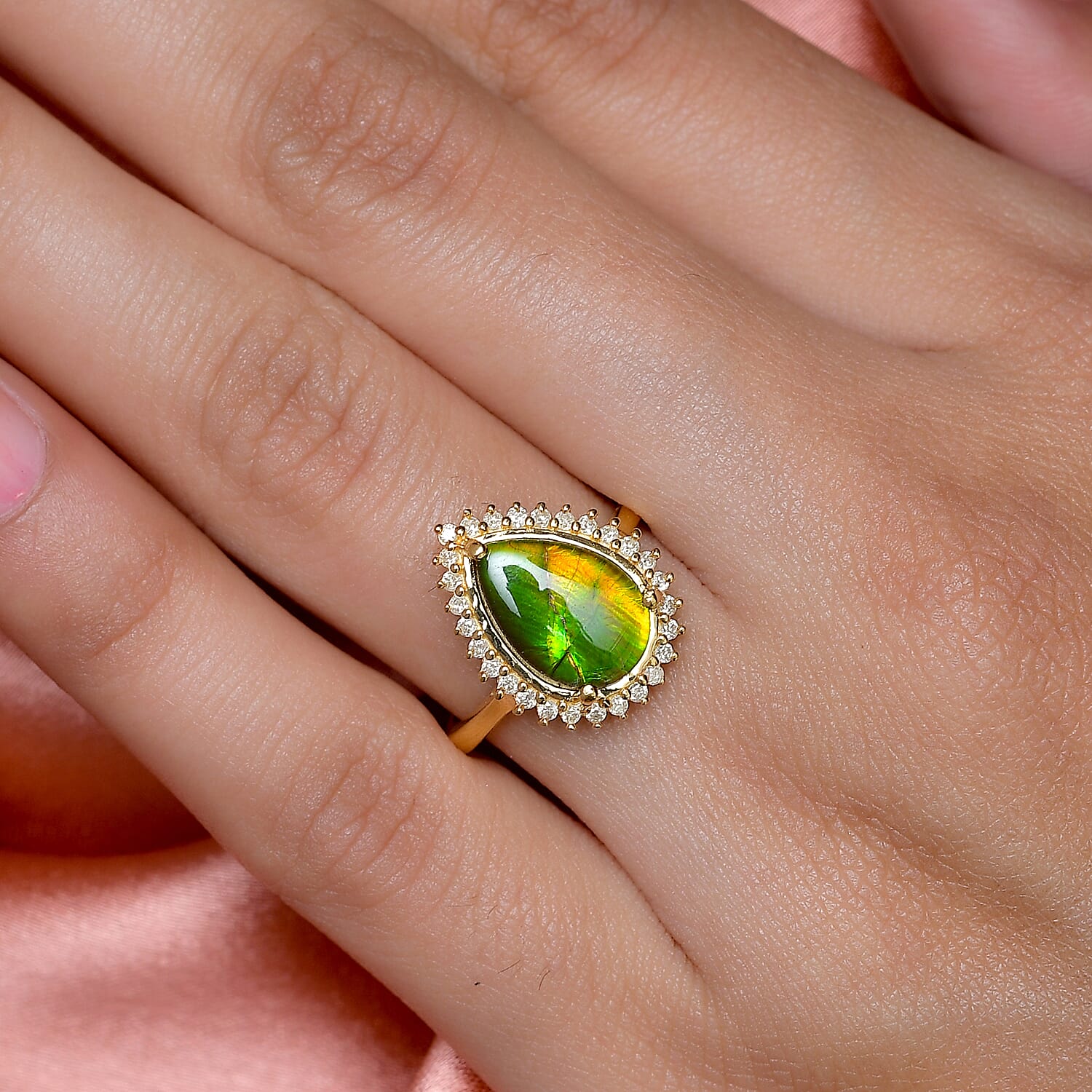 Canadian Ammolite (Pr 12x8mm) and Diamond Ring in 14K Gold Overlay Sterling Silver 2.48 Ct.