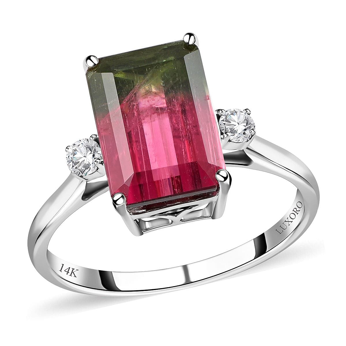 AGI Certified 14K White Gold AAA Bi-Color Tourmaline and Diamond (I2-G-H) Ring 4.61 Ct