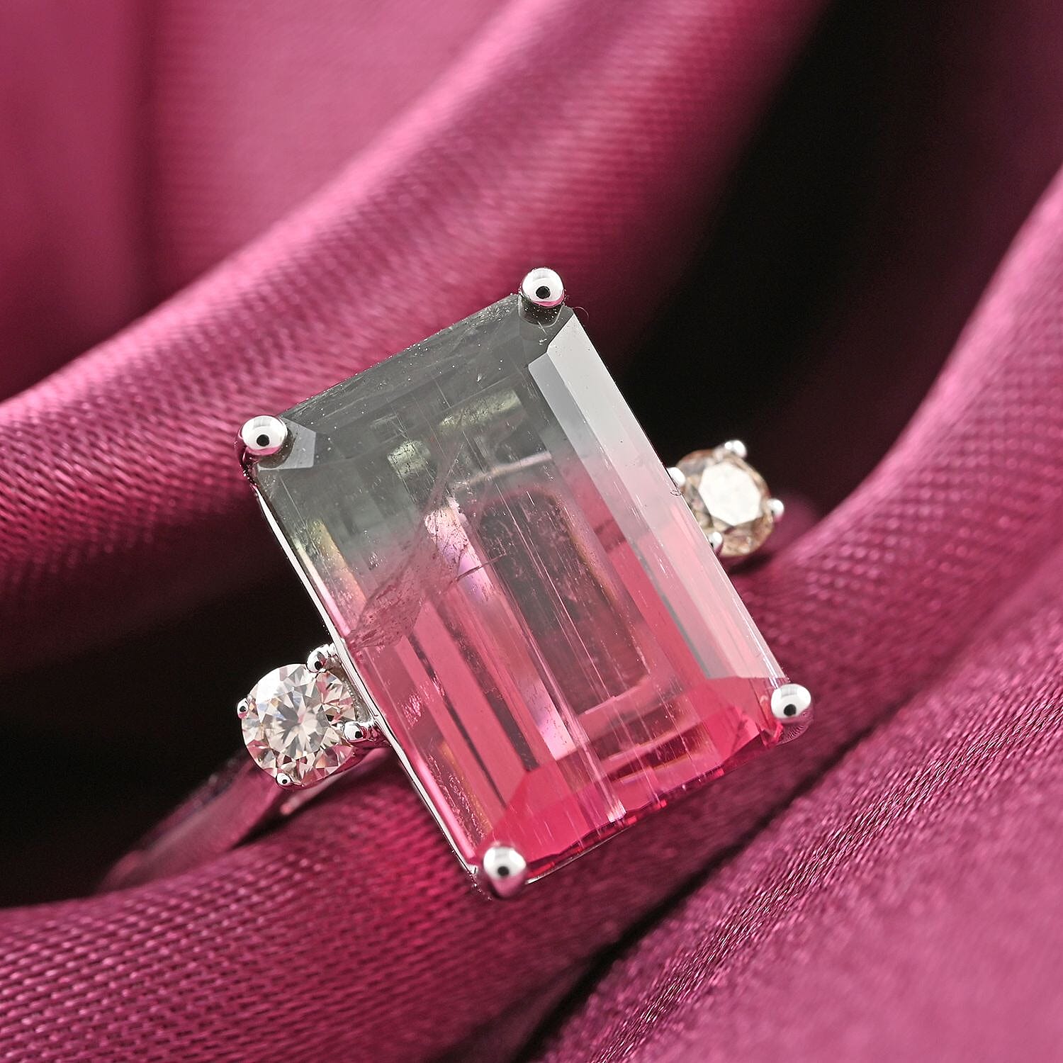 AGI Certified 14K White Gold AAA Bi-Color Tourmaline and Diamond (I2-G-H) Ring 4.61 Ct