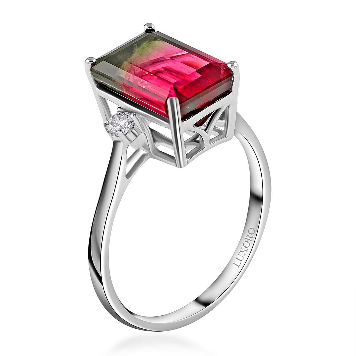 AGI Certified 14K White Gold AAA Bi-Color Tourmaline and Diamond (I2-G-H) Ring 4.61 Ct