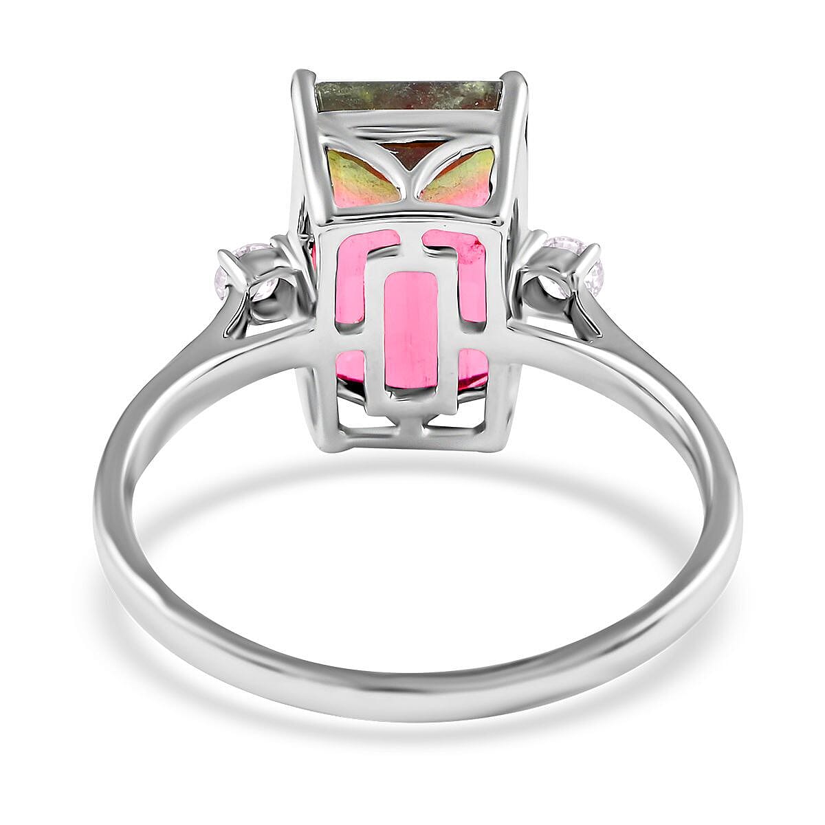 AGI Certified 14K White Gold AAA Bi-Color Tourmaline and Diamond (I2-G-H) Ring 4.61 Ct