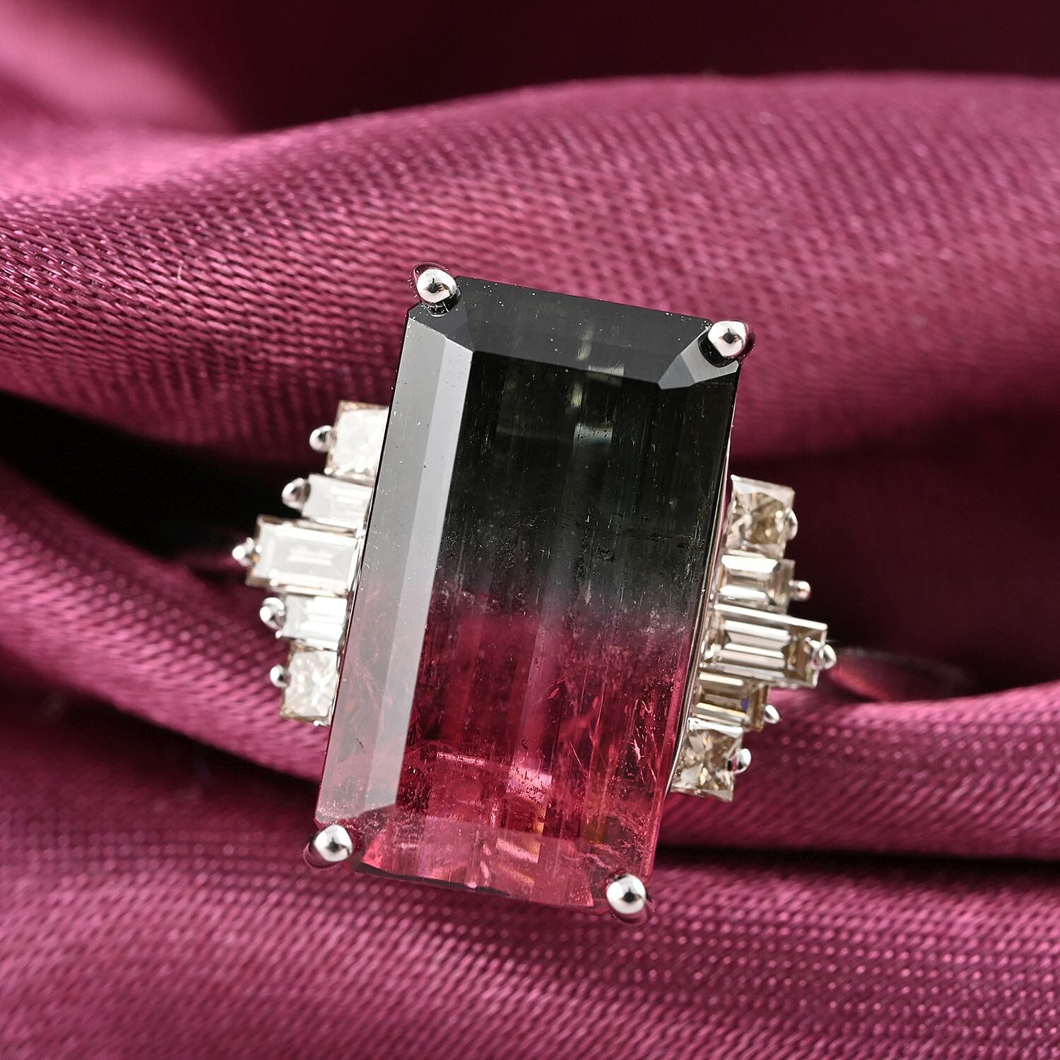 AGI Certified 14K White Gold  AAA  Bi-Color Tourmaline and Diamond (I2-G-H) Ring 5.95 Ct