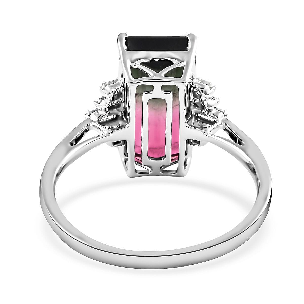 AGI Certified 14K White Gold  AAA  Bi-Color Tourmaline and Diamond (I2-G-H) Ring 5.95 Ct