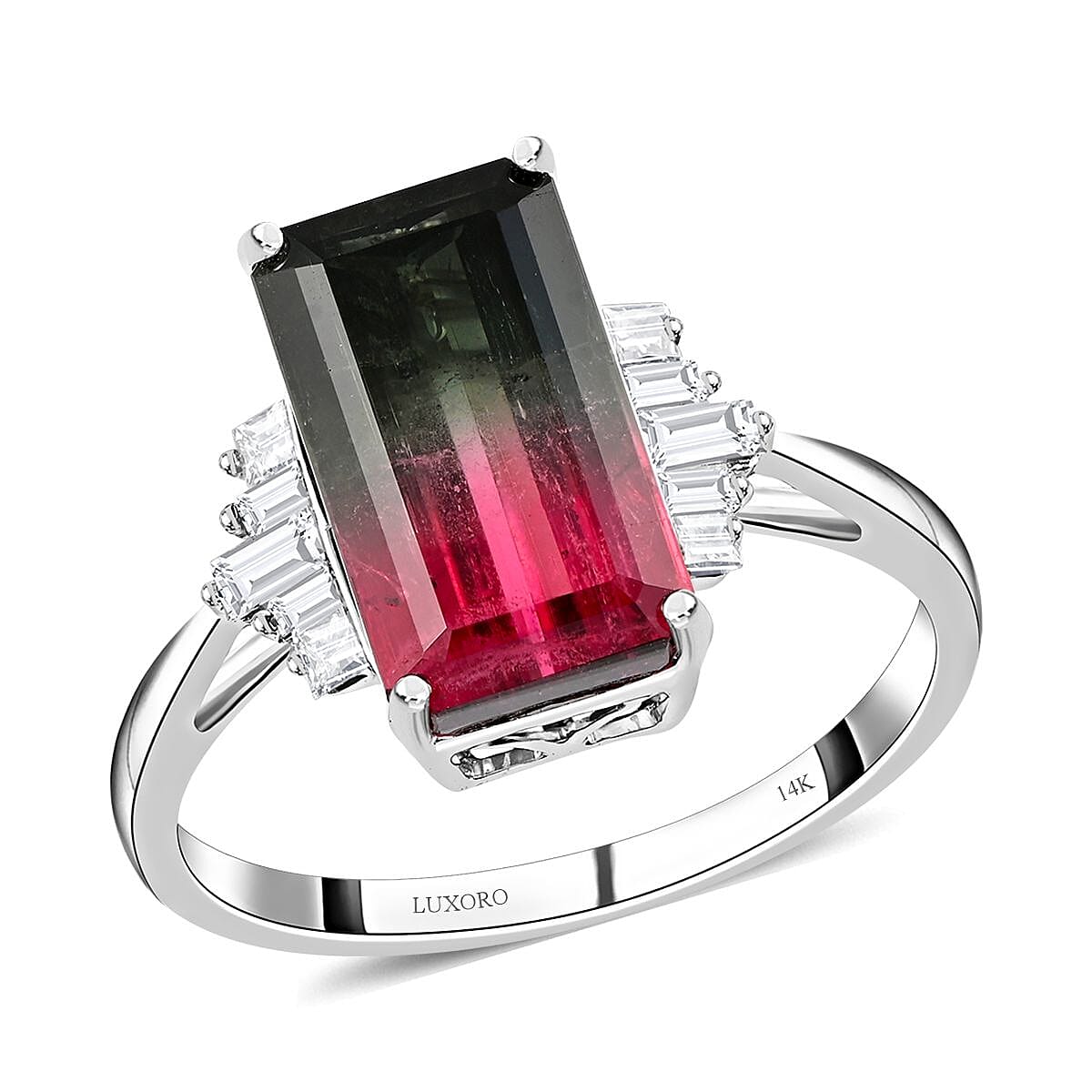 AGI Certified 14K White Gold  AAA  Bi-Color Tourmaline and Diamond (I2-G-H) Ring 5.95 Ct