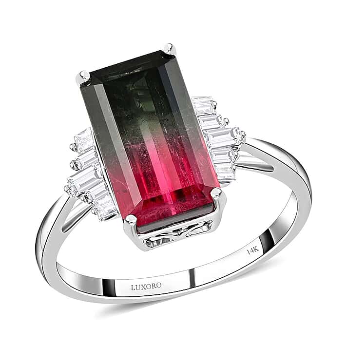 AGI Certified 14K White Gold AAA Bi-Color Tourmaline and Diamond (I2-G-H) Ring 5.95 Ct