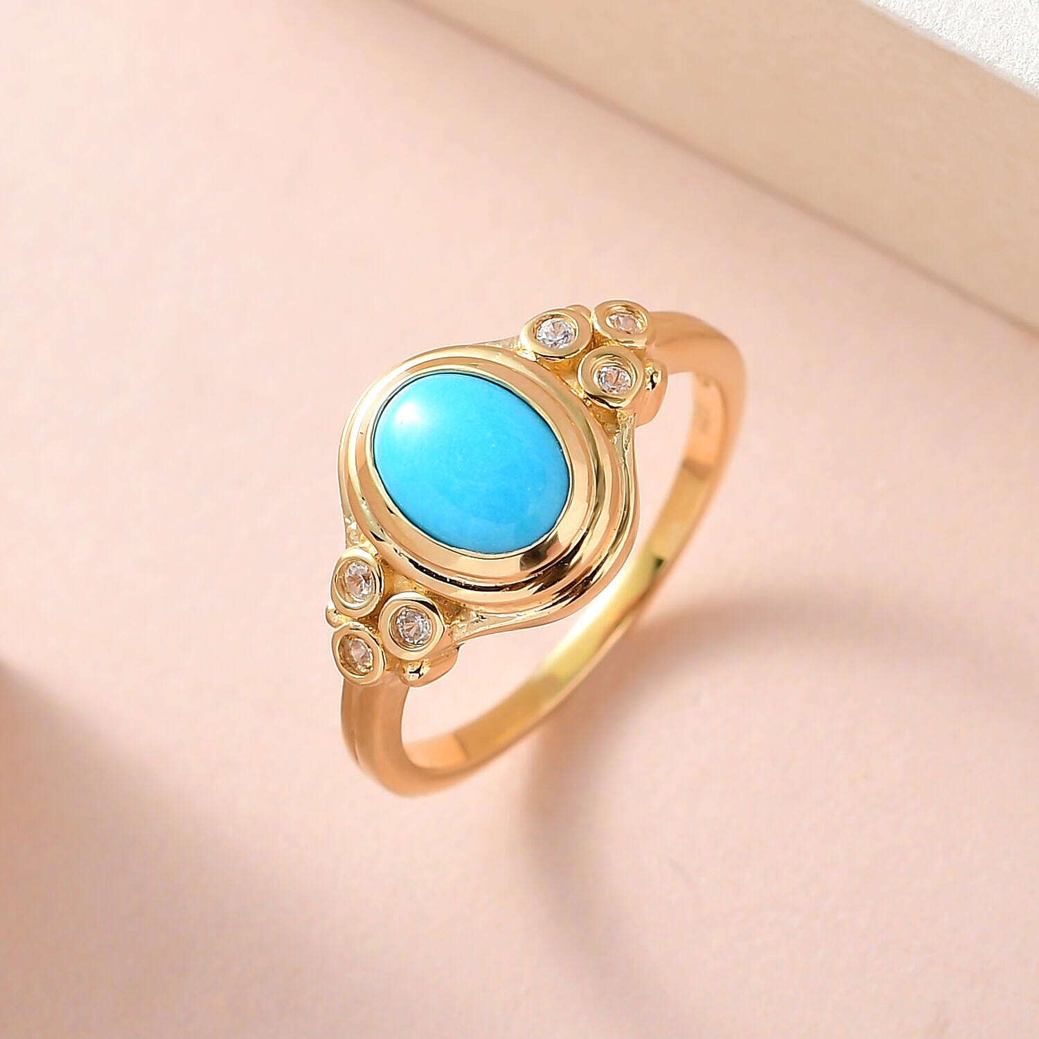 Arizona Sleeping Beauty Turquoise & Natural Zircon Ring in 18K Yellow Gold Vermeil Plated Sterling Silver 1.12 Ct.