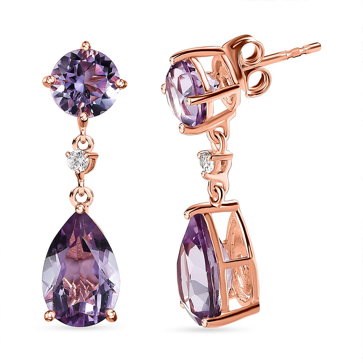 Rose De France Amethyst Dangling Earrings (with Push Back) in 18K Vermeil Rose Gold Plated Sterling Silver 3.07 Ct.