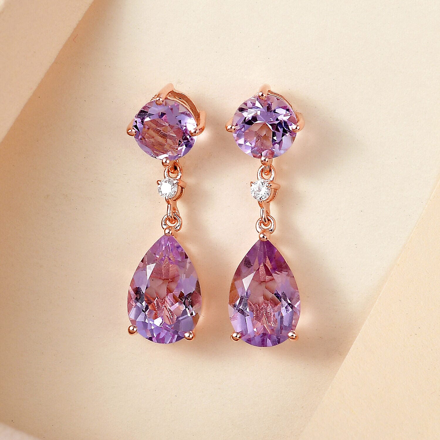 Rose De France Amethyst Dangling Earrings (with Push Back) in 18K Vermeil Rose Gold Plated Sterling Silver 3.07 Ct.