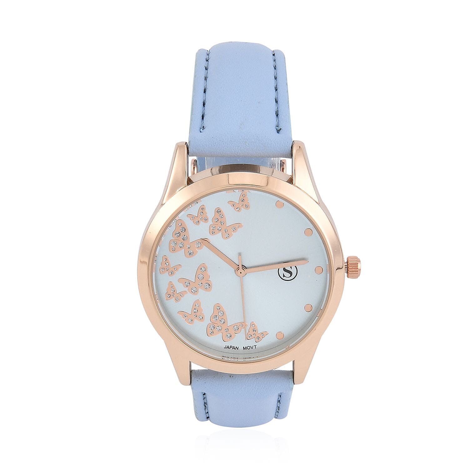 STRADA Japanese Movement Butterfly Pattern Water Resistant Watch with Light Blue Strap