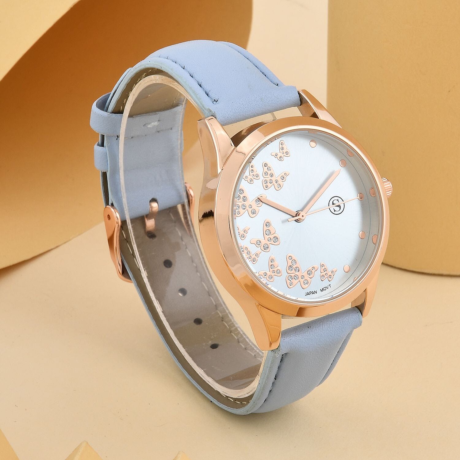 STRADA Japanese Movement Butterfly Pattern Water Resistant Watch with Light Blue Strap