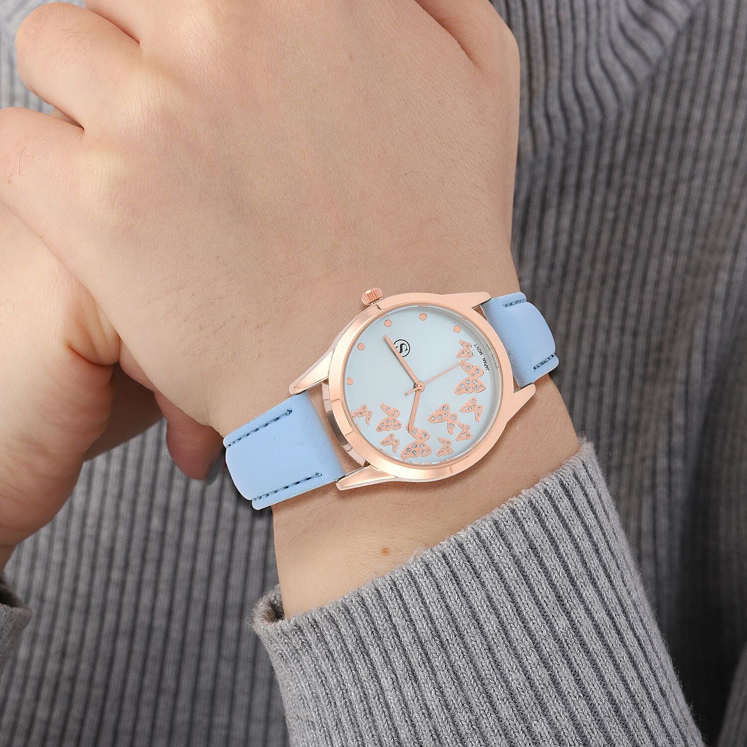 STRADA Japanese Movement Butterfly Pattern Water Resistant Watch with Light Blue Strap