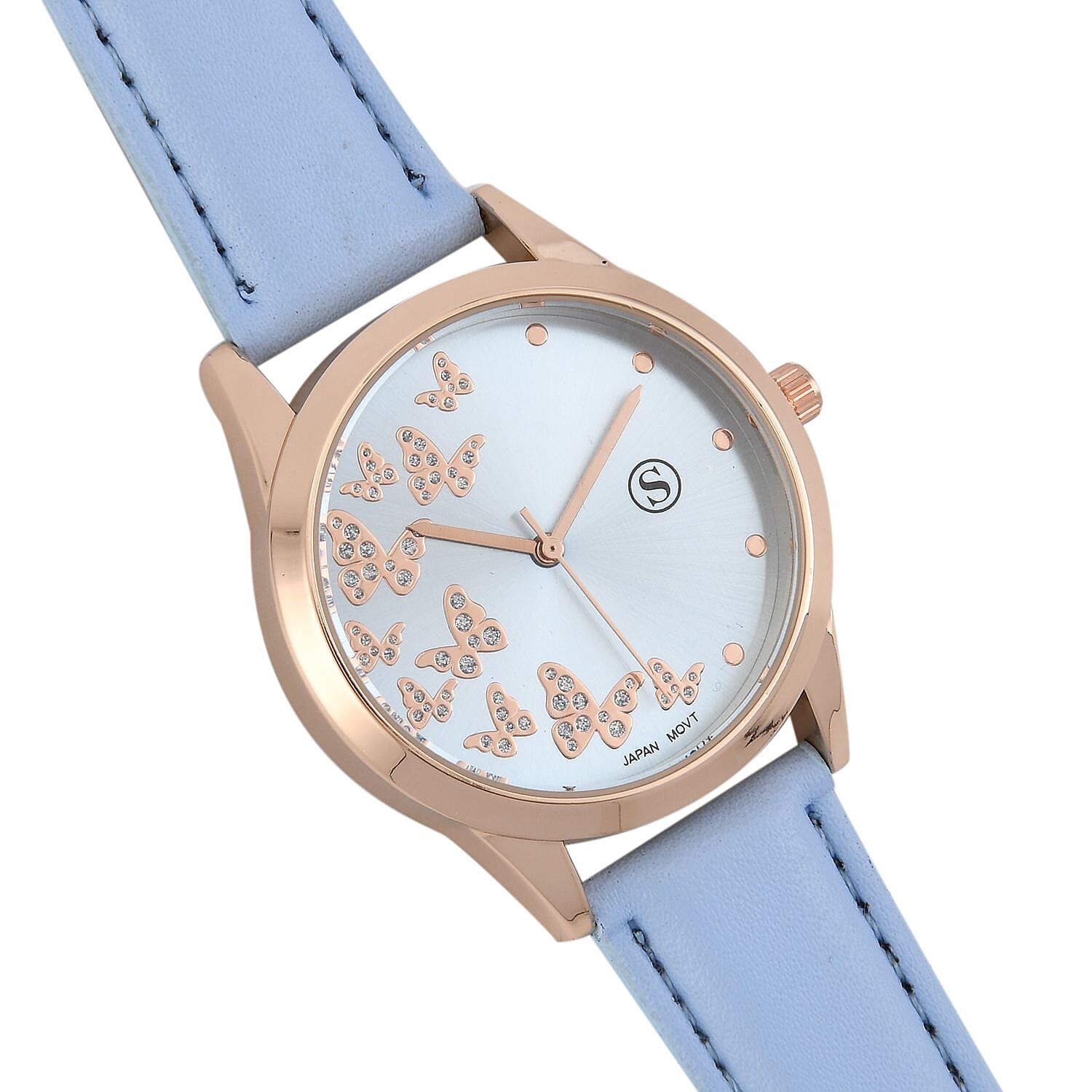 STRADA Japanese Movement Butterfly Pattern Water Resistant Watch with Light Blue Strap
