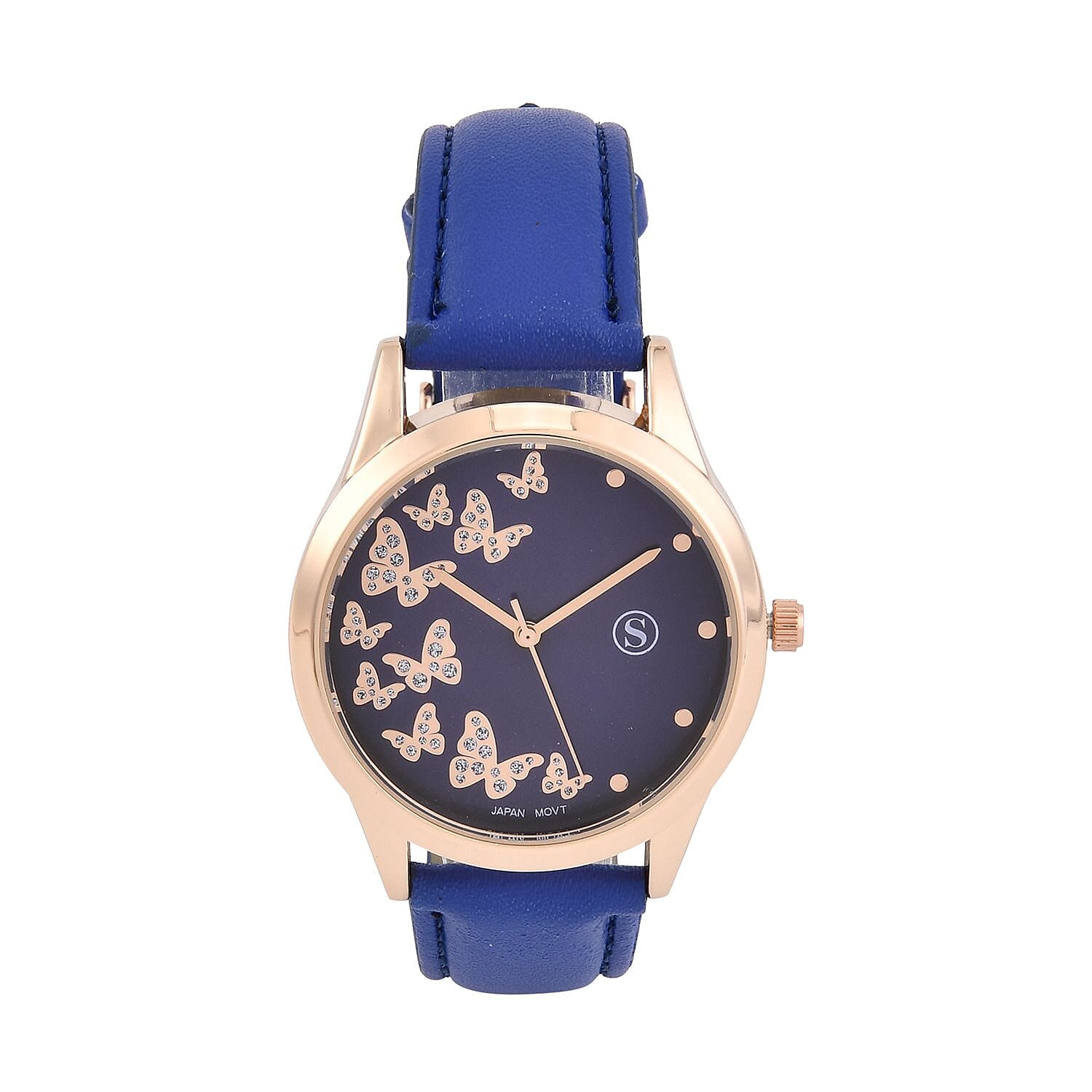 STRADA Japanese Movement Butterfly Pattern Water Resistant Watch with Dark Blue Strap