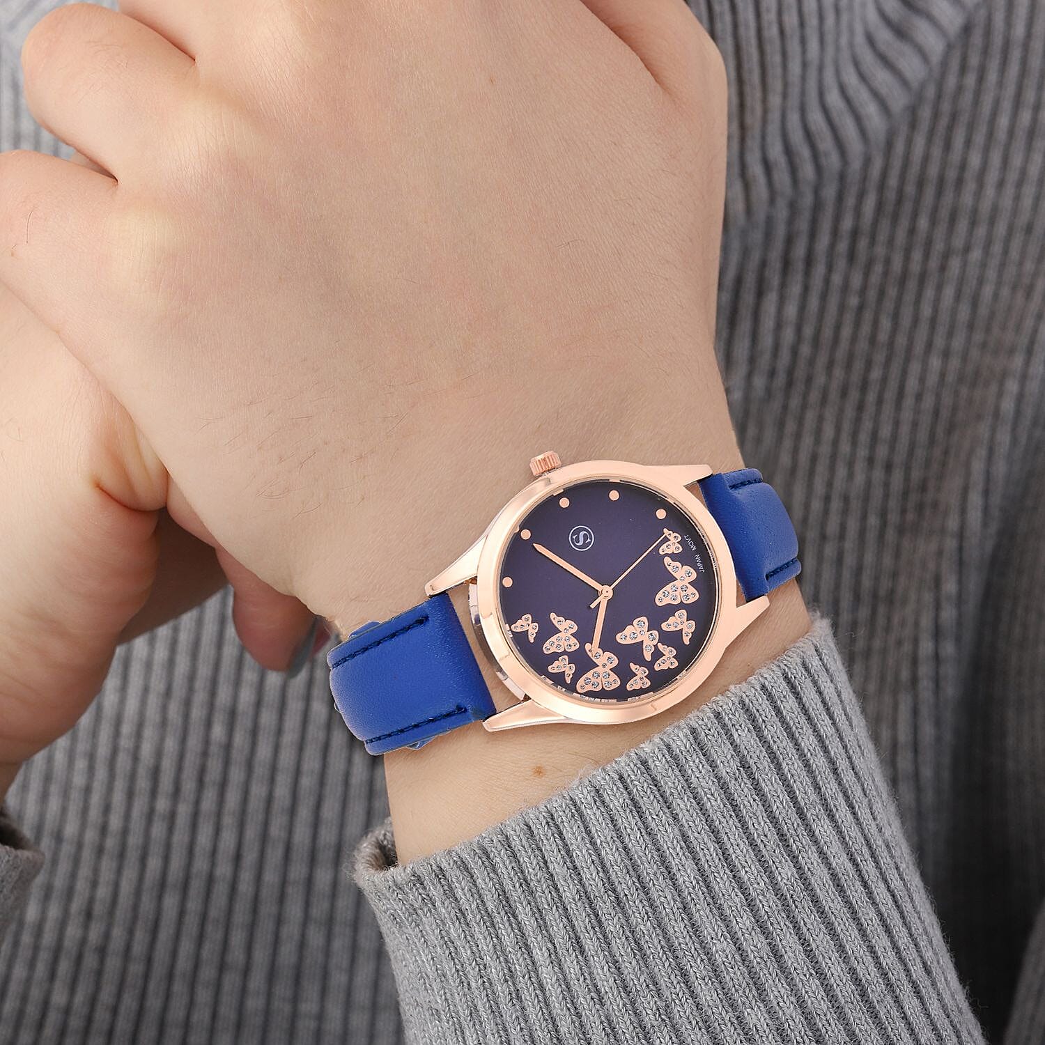 STRADA Japanese Movement Butterfly Pattern Water Resistant Watch with Dark Blue Strap