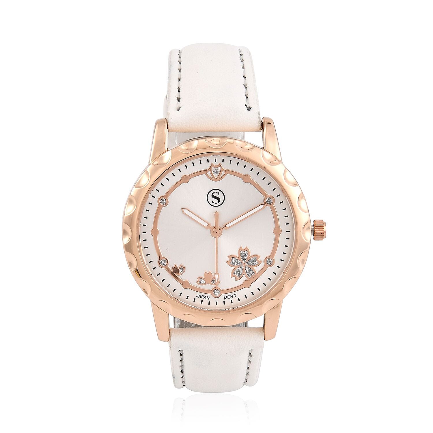 STRADA Japanese Movement Floral Pattern Rose Gold Dial Water Resistant Watch with White Strap