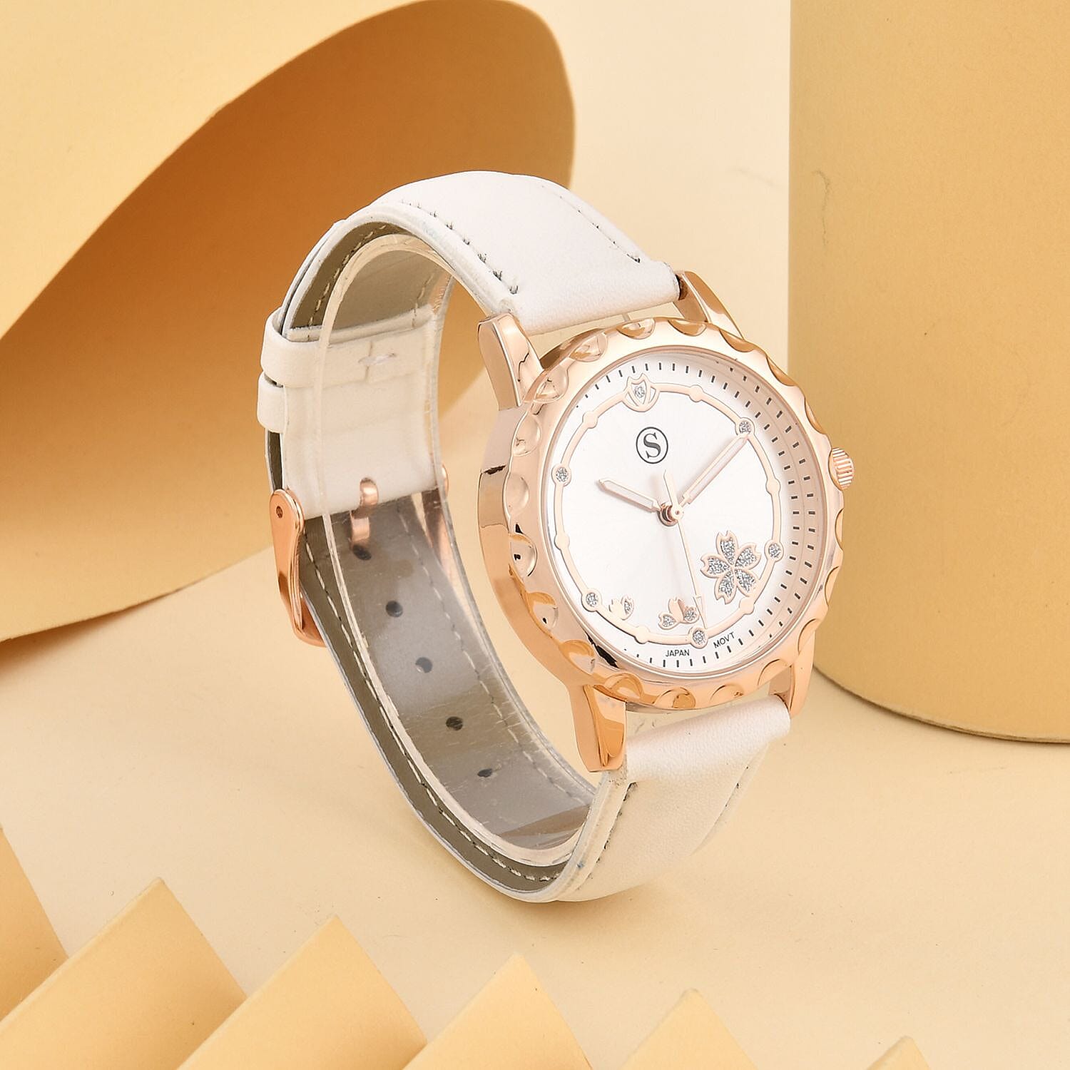 STRADA Japanese Movement Floral Pattern Rose Gold Dial Water Resistant Watch with White Strap