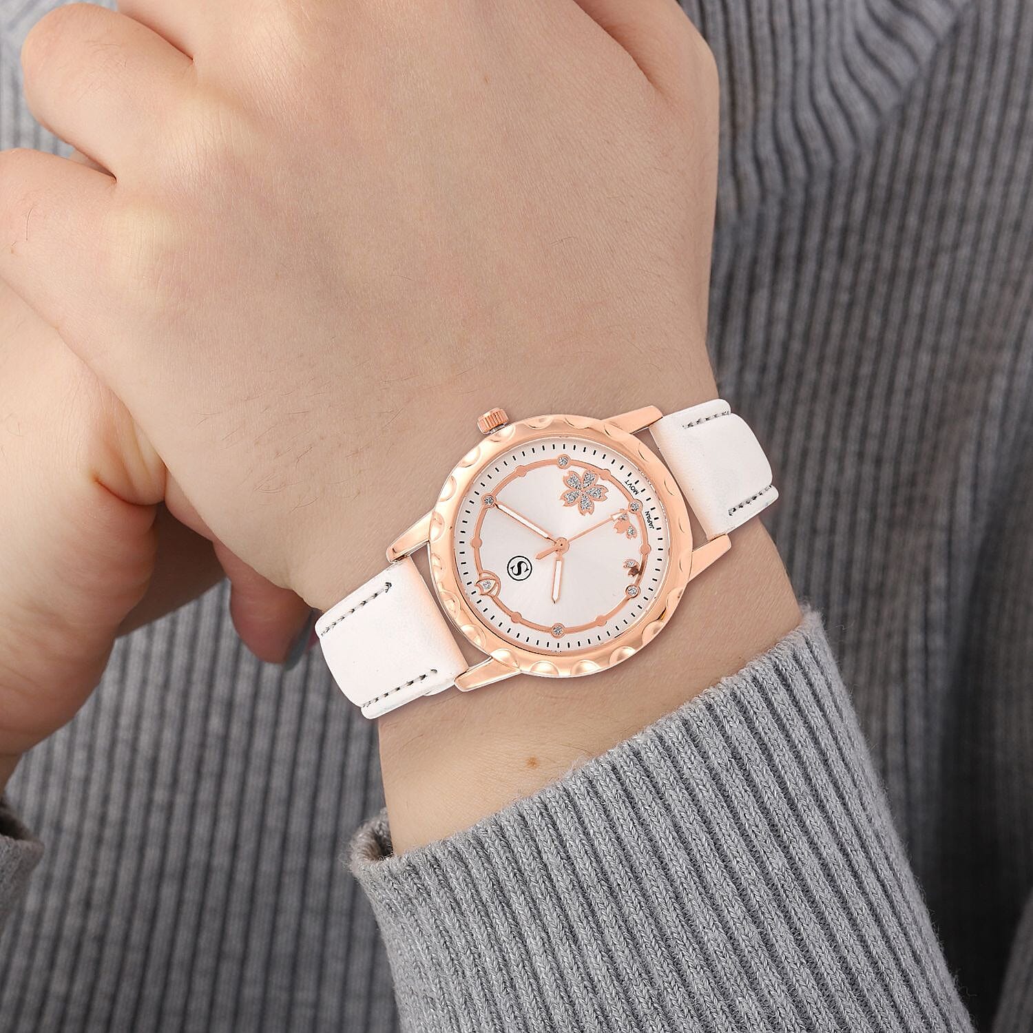 STRADA Japanese Movement Floral Pattern Rose Gold Dial Water Resistant Watch with White Strap