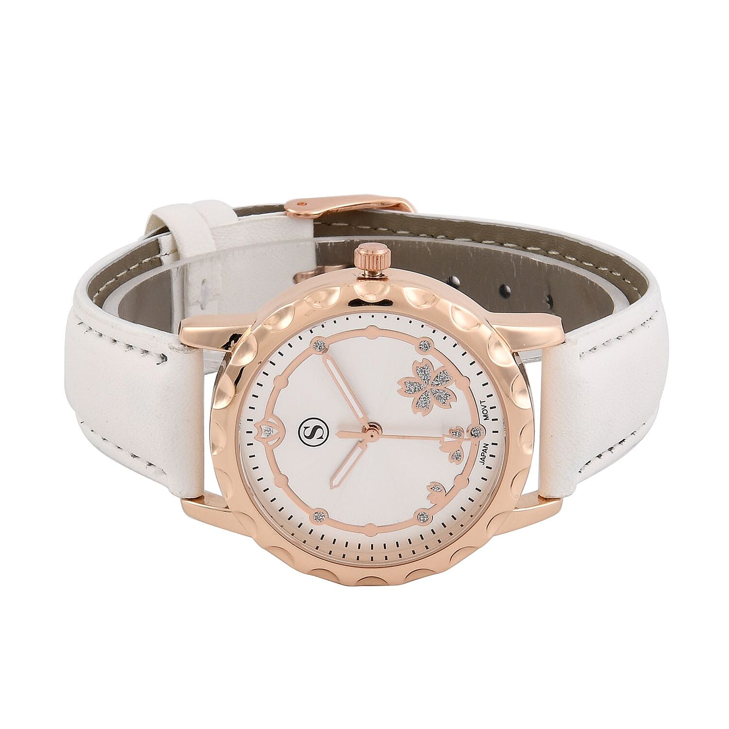 STRADA Japanese Movement Floral Pattern Rose Gold Dial Water Resistant Watch with White Strap