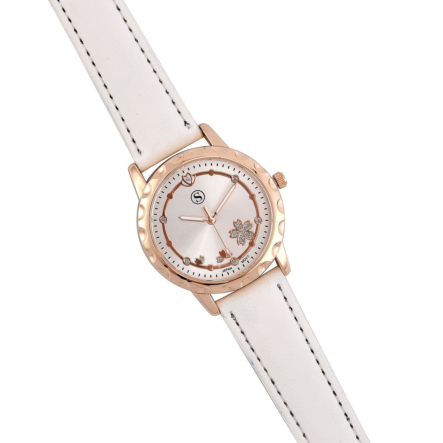 STRADA Japanese Movement Floral Pattern Rose Gold Dial Water Resistant Watch with White Strap