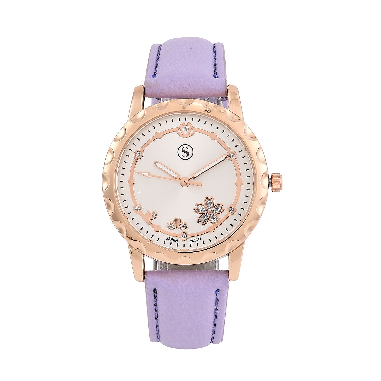 STRADA Japanese Movement Floral Pattern Rose Gold Dial Water Resistant Watch with Purple Strap