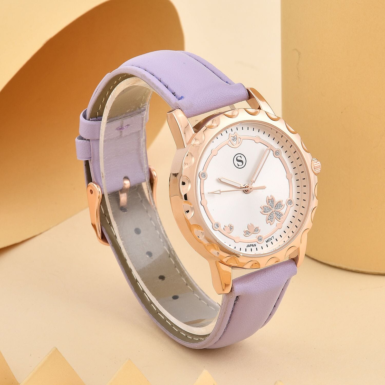 STRADA Japanese Movement Floral Pattern Rose Gold Dial Water Resistant Watch with Purple Strap