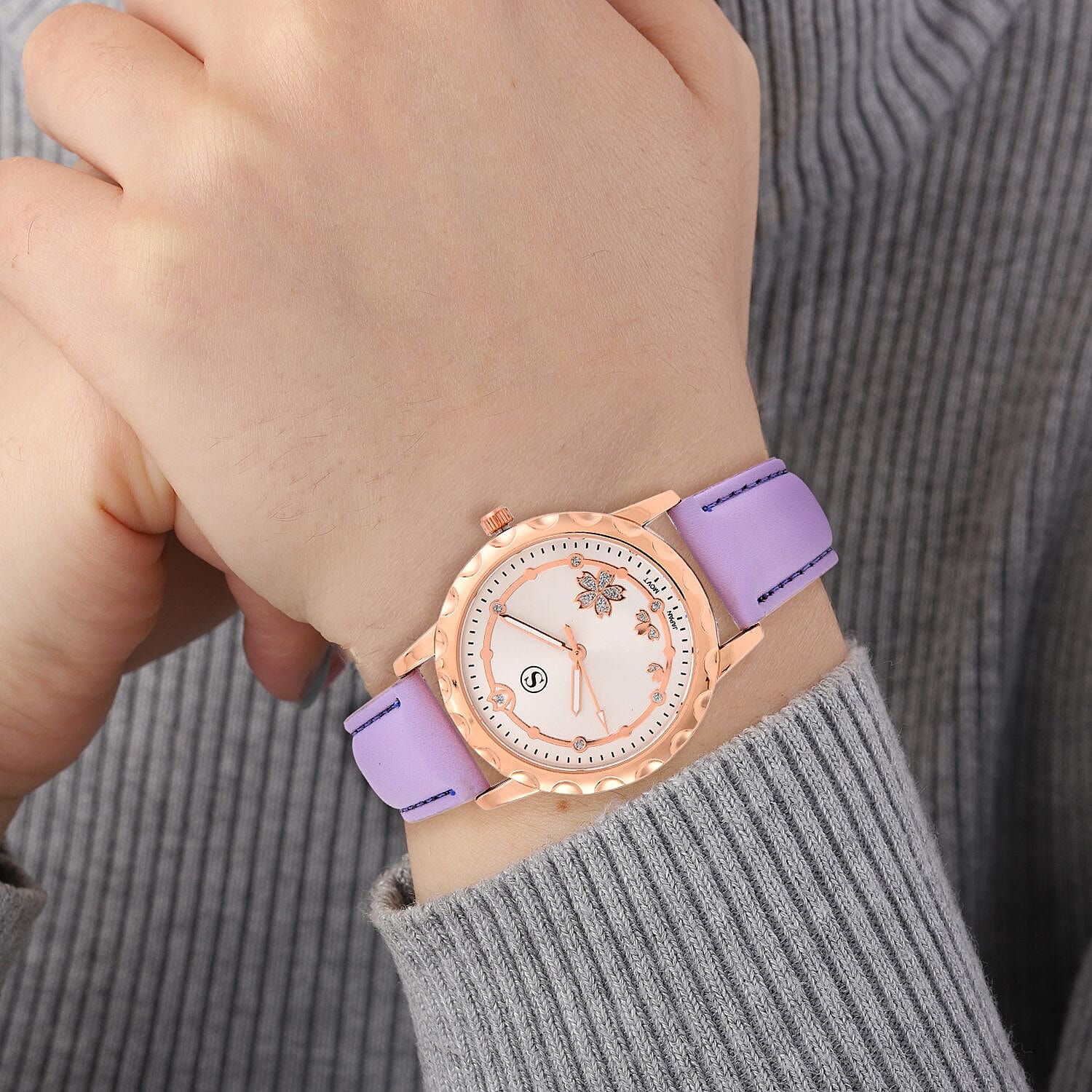 STRADA Japanese Movement Floral Pattern Rose Gold Dial Water Resistant Watch with Purple Strap