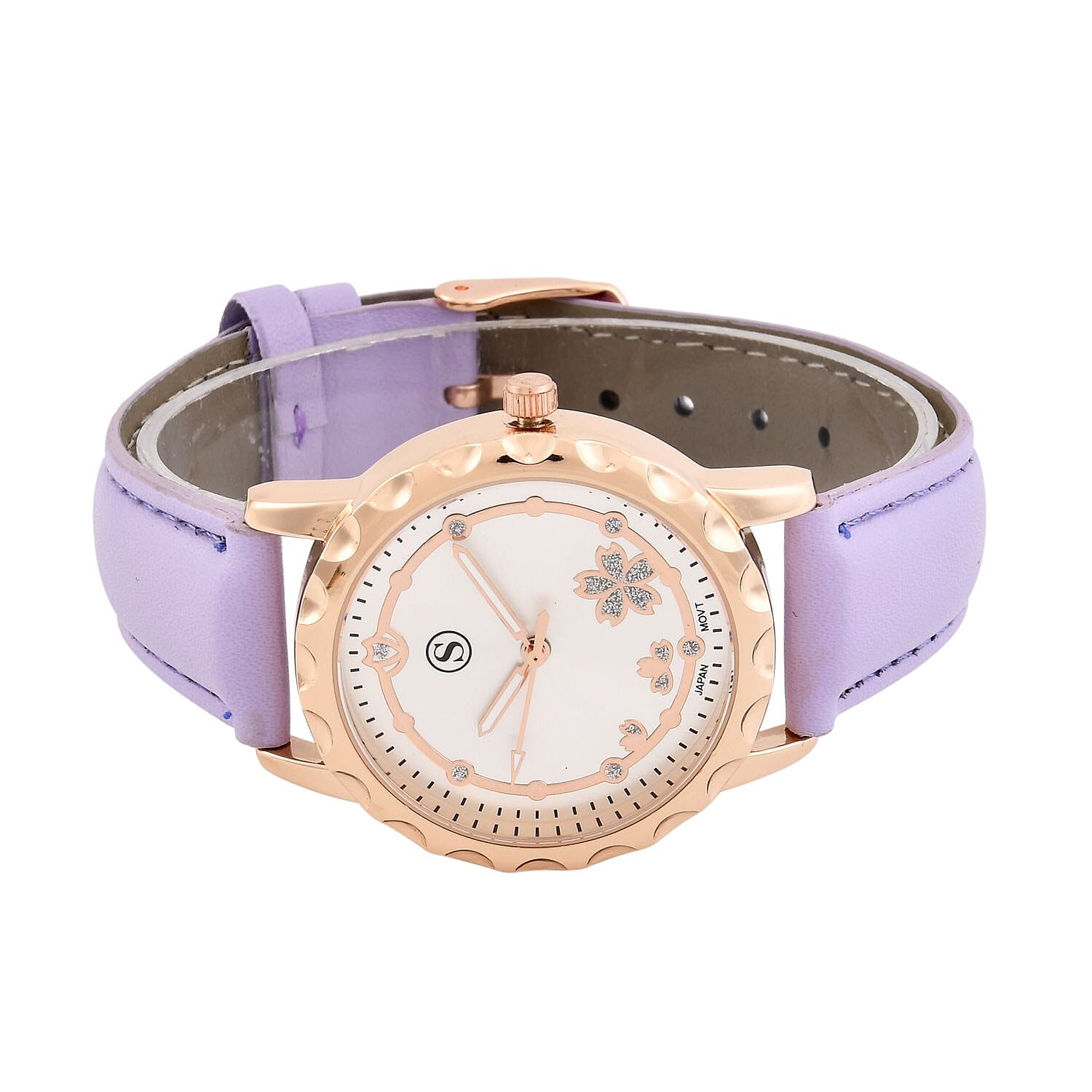 STRADA Japanese Movement Floral Pattern Rose Gold Dial Water Resistant Watch with Purple Strap